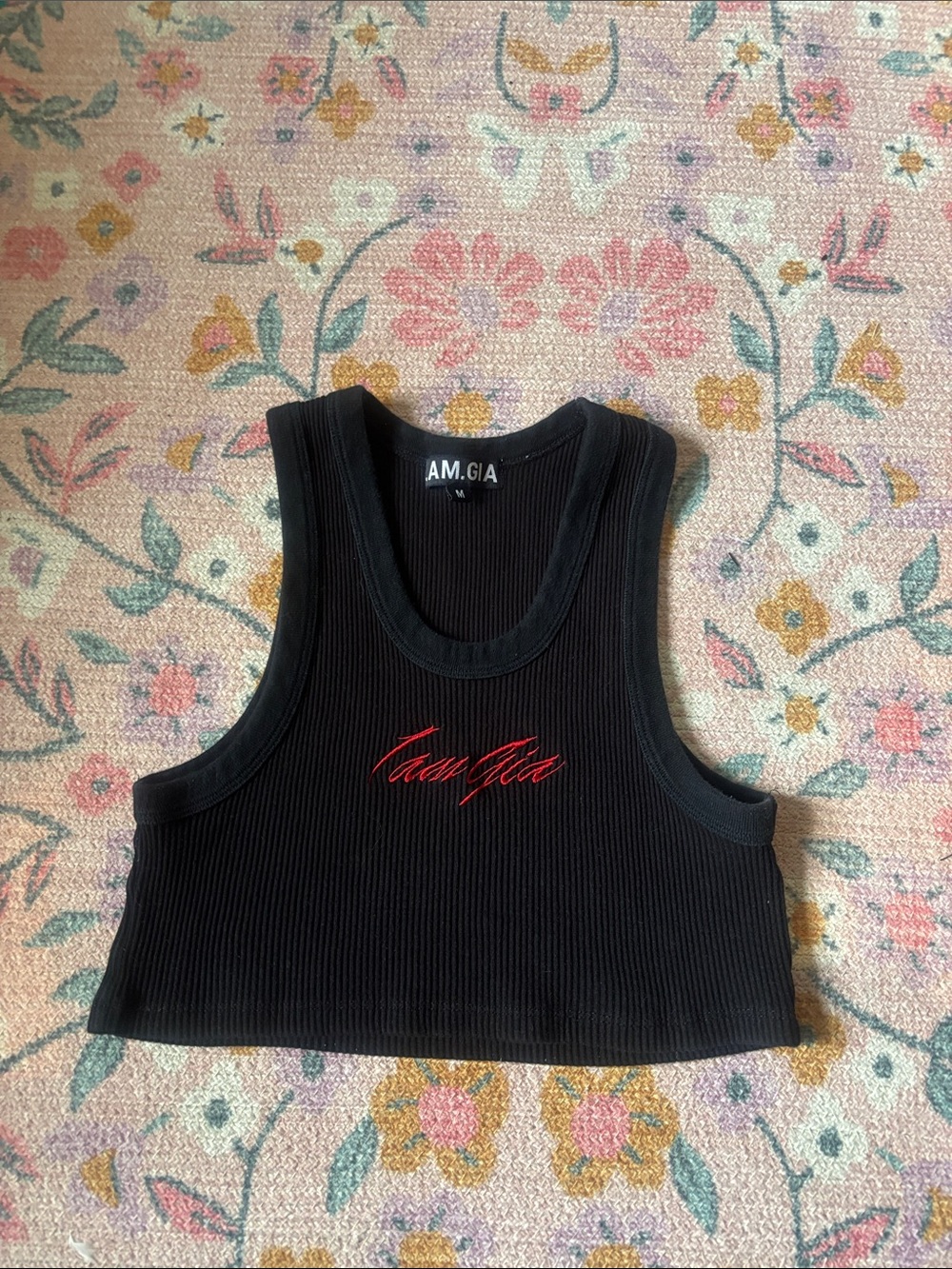 I.AM.GIA Black Ribbed Crop Tank with Red Script